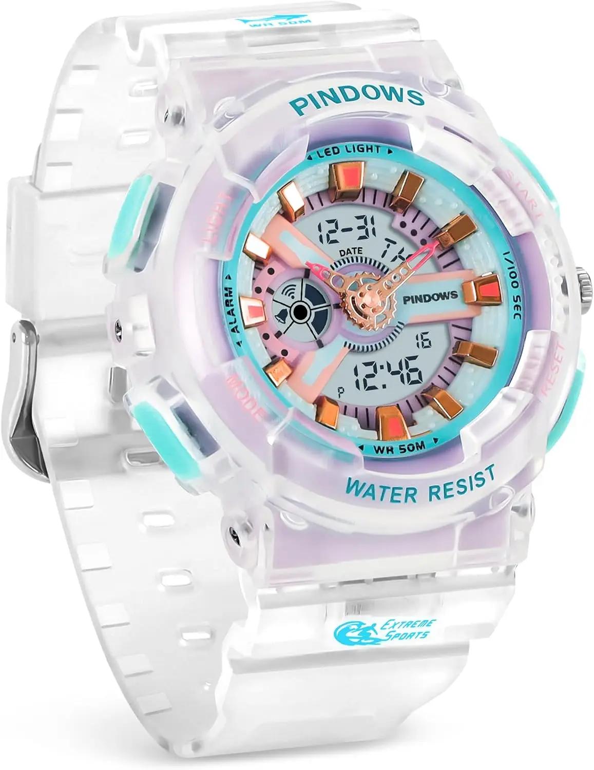PINIDOUS Women Watch for Women Teenagers Watch Outdoor Waterproof Digital Sports Analog Watches for Ladies Students with Stopwatch Alarm Countdown Dual Display 7 Color LED Backlight
