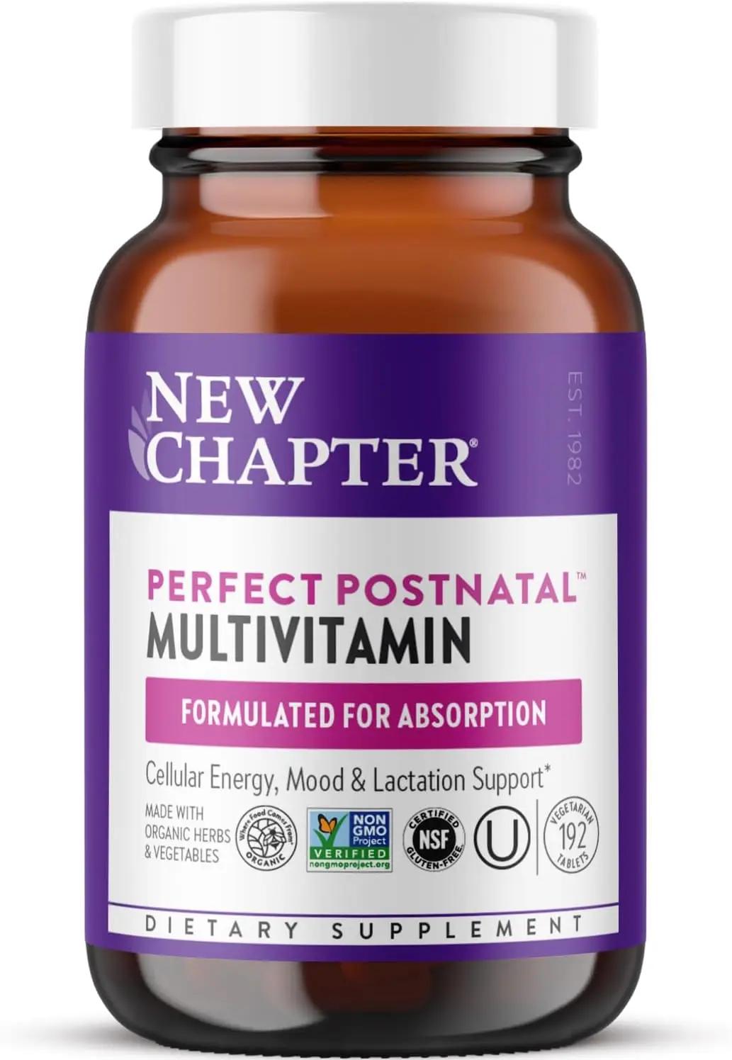 New Chapter, Postnatal Vitamins Lactation Supplement, Complete Multivitamin with Fermented Vitamin D3 + B Vitamins, Made with Organic Vegetables &amp; Herbs, Non-GMO Ingredients, 192 Count ClimeCo Certified