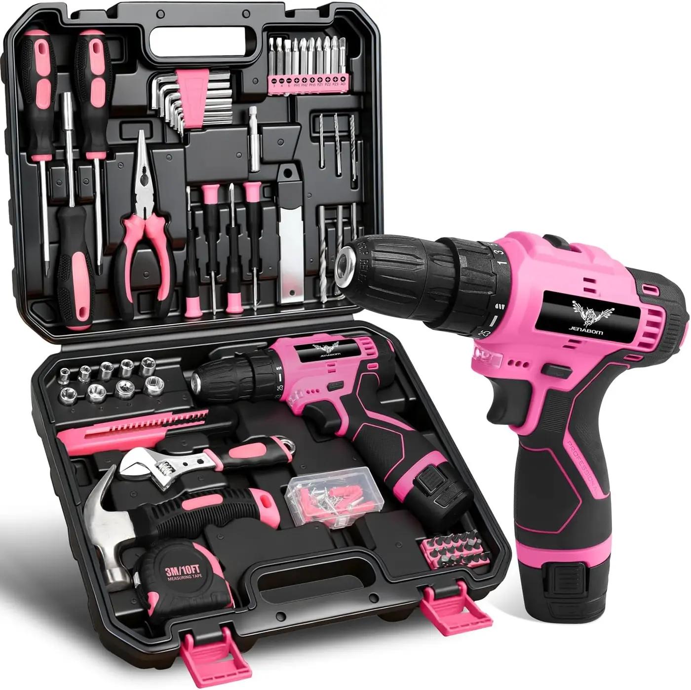 JENABOM Pink Tool Set - 12V Cordless Drill Kit, 151 Piece Home Tool Set With Power Drill, Tool Kits for Men &amp; Women, Perfect for Homeowner, Diyer, Handyman