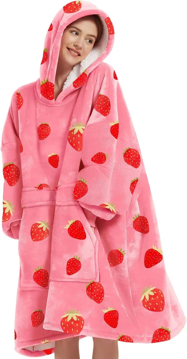 KFUBUO KFUBUO Wearable Blanket Hoodie for Adults Sherpa All Patterns Oversized Sweatshirt Blanket with Pockets Cute Birthday Gifts for Sister Strawberry OEKO-TEX STANDARD 100