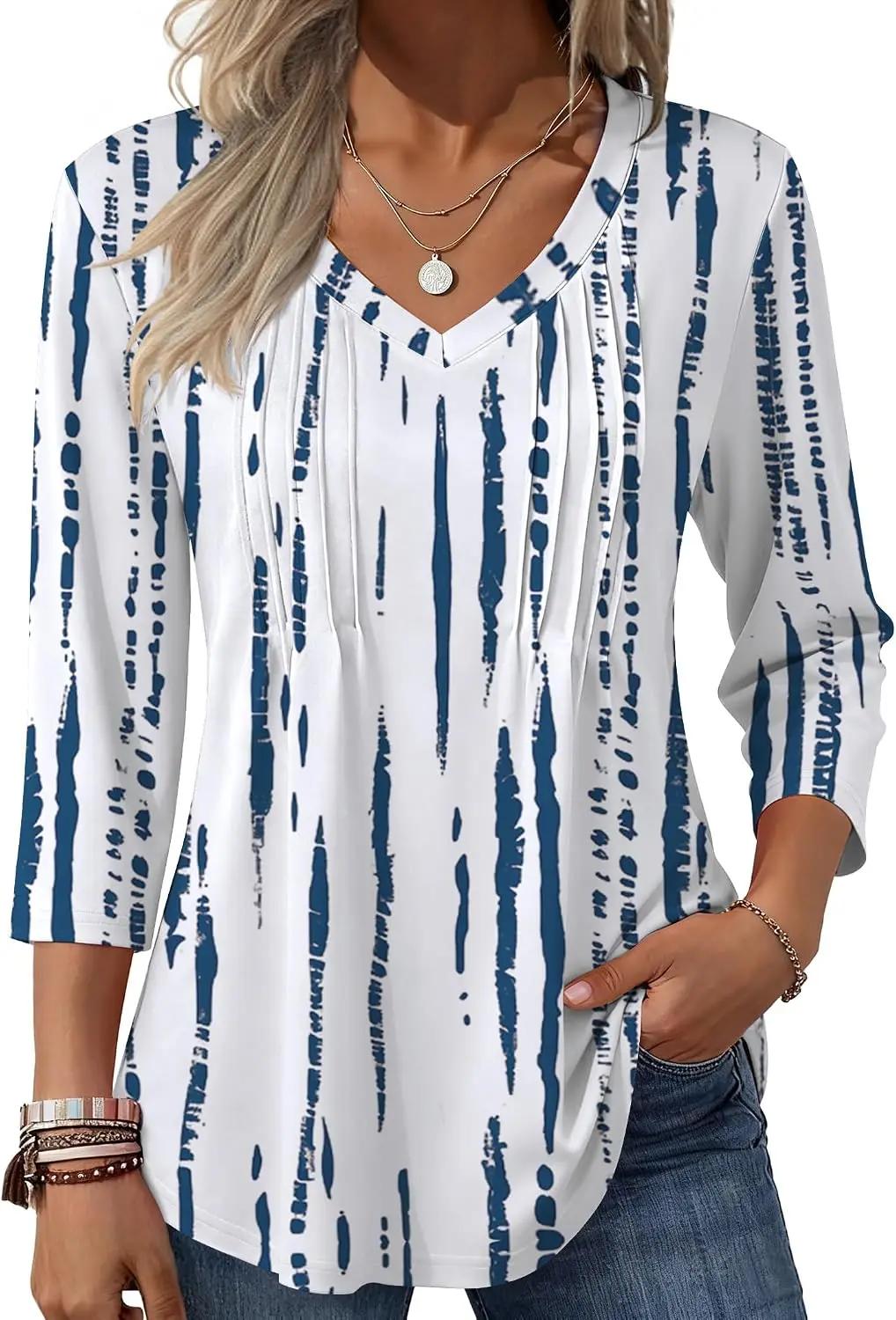 Zeagoo 3/4 Length Sleeve Womens Tops Casual V Neck Pleated Top Boho Floral Blouses Work Shirts
