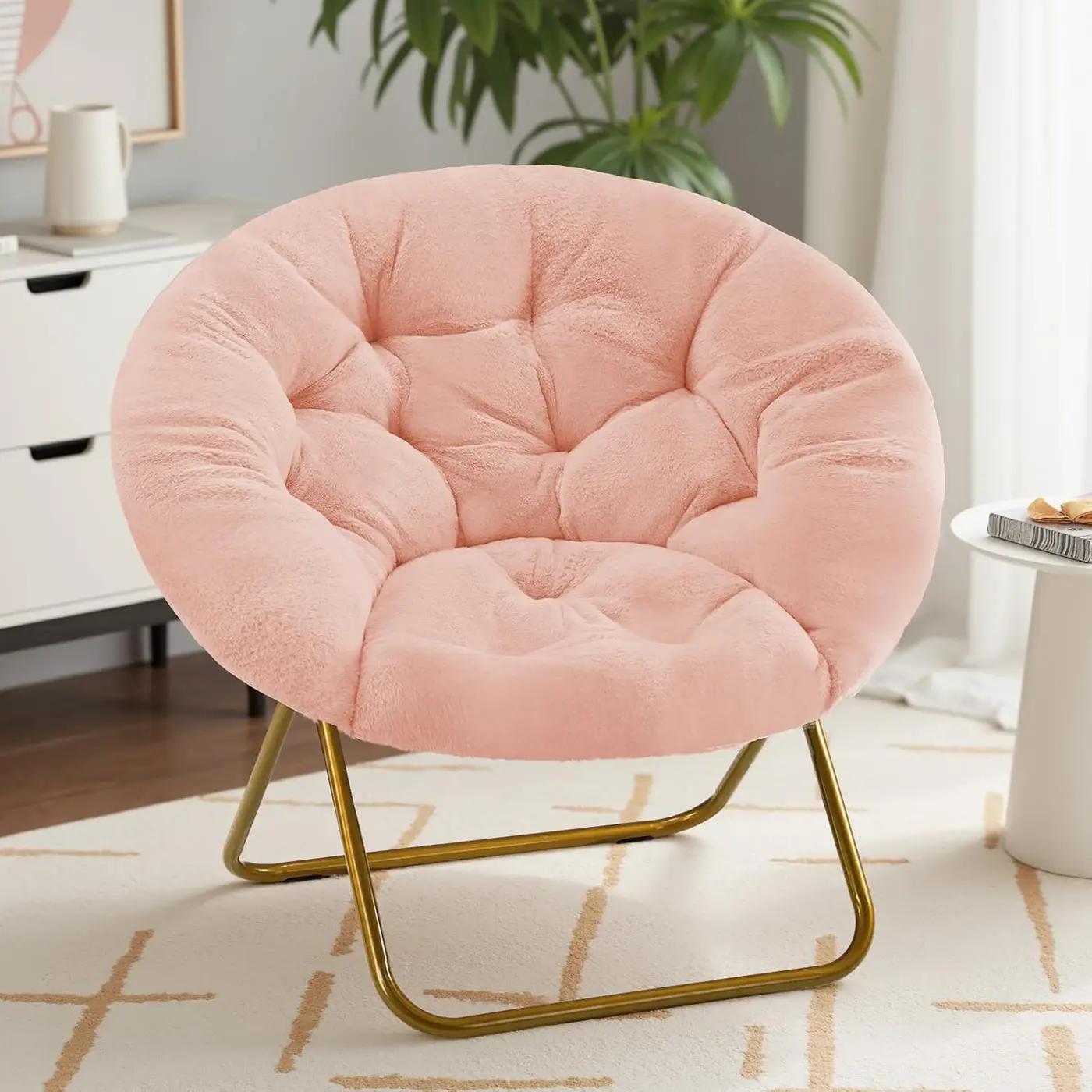 Sweetcrispy Saucer Chairs, Comfy Folding Cozy Faux Fur Living Room Reading Lounge Chair with Soft Thick Padded Seat &amp; Metal Frame Modern Style Bedroom Home Dorm for Kids Adults, X-Large - Peach