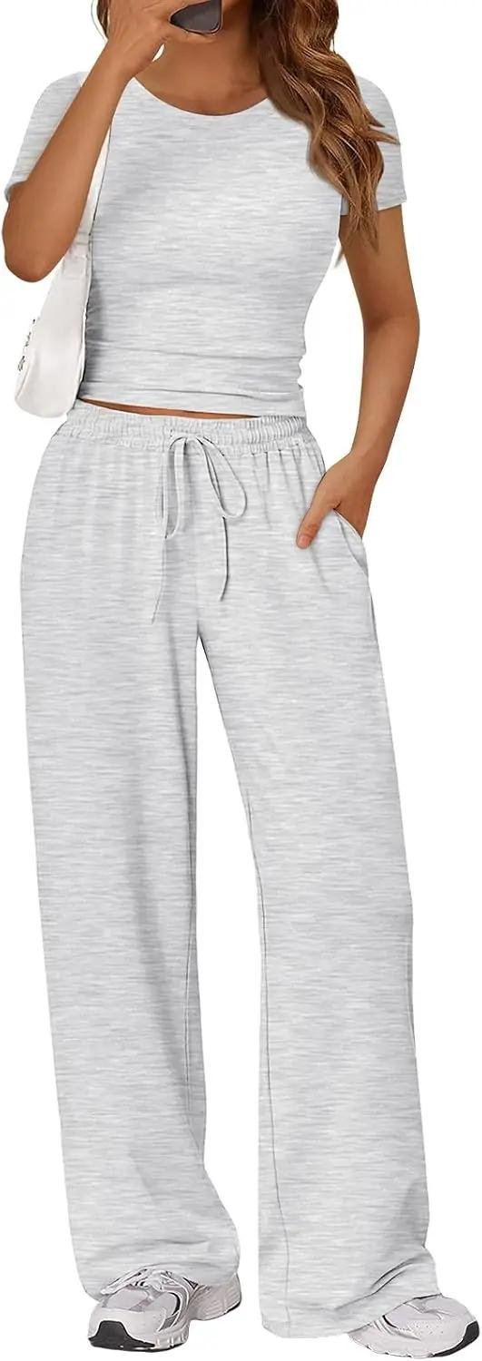 Trendy Queen 2 Piece Matching Summer Lounge Set Womens Side Ruching Top Wide Leg Pants Sets with Pockets OEKO-TEX STANDARD 100