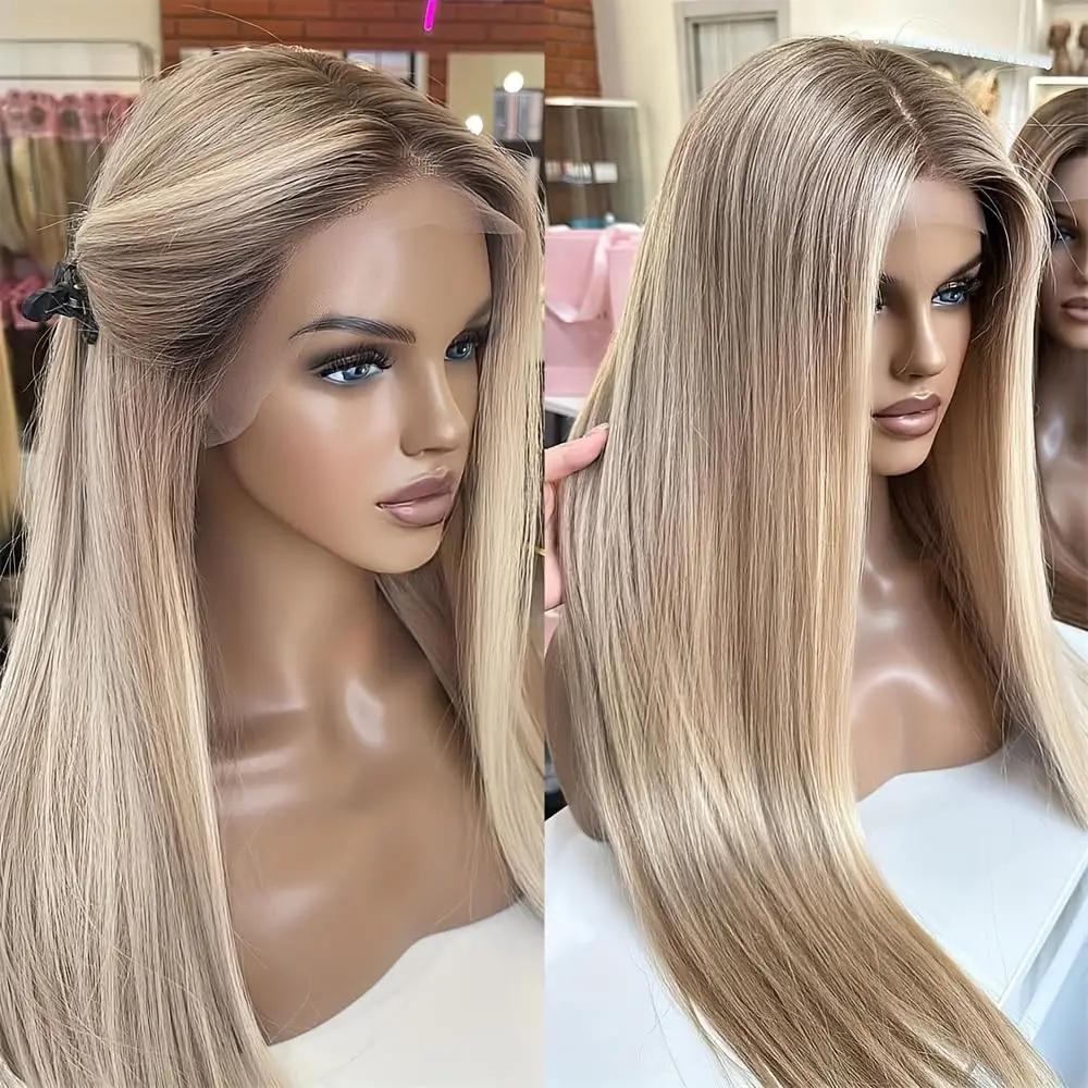 Ash Blonde Wig Human Hair Pre Plucked Pre Cut T Part 13x4x1 UHD Lace Front Wigs for Women Ombre Highlight Balayage Blonde Real Human Hair with Dark Roots Soft Long Straight 20Inch 180% Density
