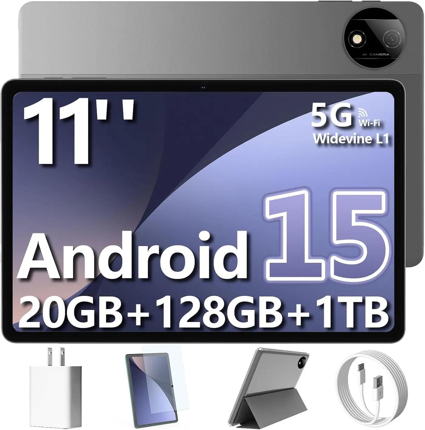 Tablet, 11-inch Android 15 tablets, 20GB+128GB+1TB expansion, Octa-core, 8000mAh large-capacity battery, 5G/2.4G WiFi6, GPS, Bluetooth 5.0, 5MP + 8MP dual cameras, Widevine L1, protective case - Black
