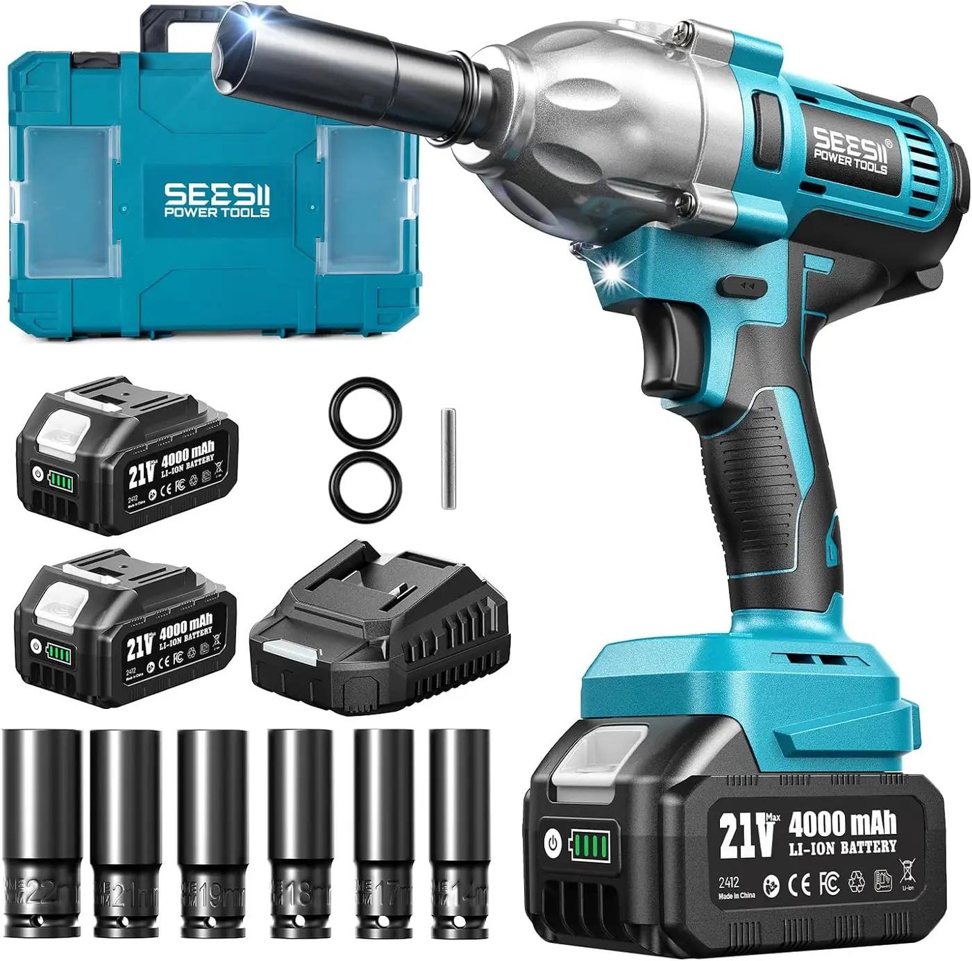 Seesii Impact Wrench 665 FT-LBS(900N.m) 3300IPM 1/2 Impact Gun High Torque Electric Impact Driver Cordless Impact Wrench with 21V 2x4.0Ah Battery 6 Sockets&amp;Case for Home Car Tire Lug Nut Removal Tool
