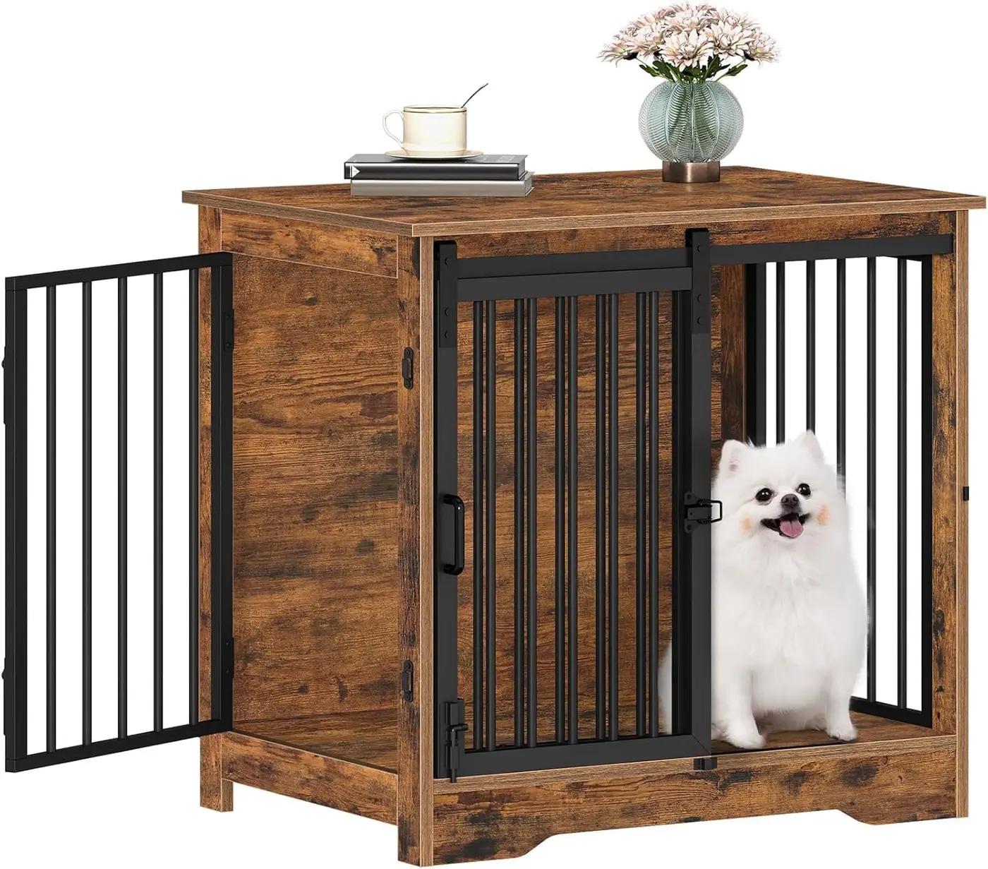 Hzuaneri 27.2" Dog Crate Furniture with Barn Door, Heavy Duty Dog Kennel Indoor with 2 Doors, Wooden Pet Cage End Table for Small Medium Dogs up to 22 lb, Anti-Chew Anti-Escape, Rustic Brown DFC84301B