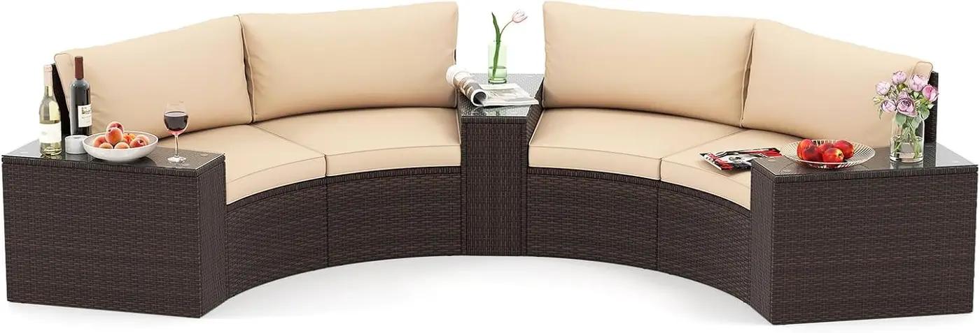 Tangkula 5 Pieces Patio Furniture Set, PE Rattan Half-Moon Curved Sectional Sofas with Tempered Glass Top Side Tables, Outdoor Conversation Set for Porch, Backyard &amp; Poolside (Beige) | Breathable material