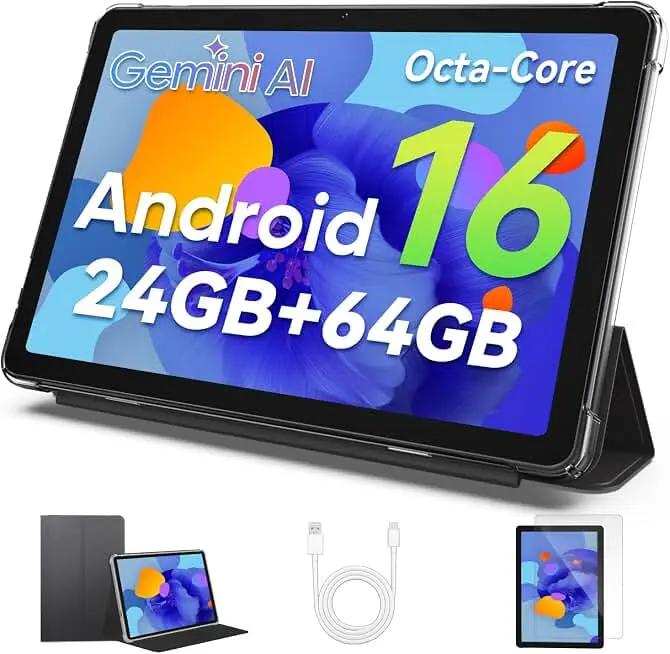 2026 Upgraded Android 16 Tablet 10.1 inch Tablet, Octa-Core Processor, 24GB RAM 64GB ROM 2TB Expandable, 1280x800 HD Touchscreen, GPS, WiFi, Dual Camera, Bluetooth, 6000mAh, Widevine L1 (Black)
