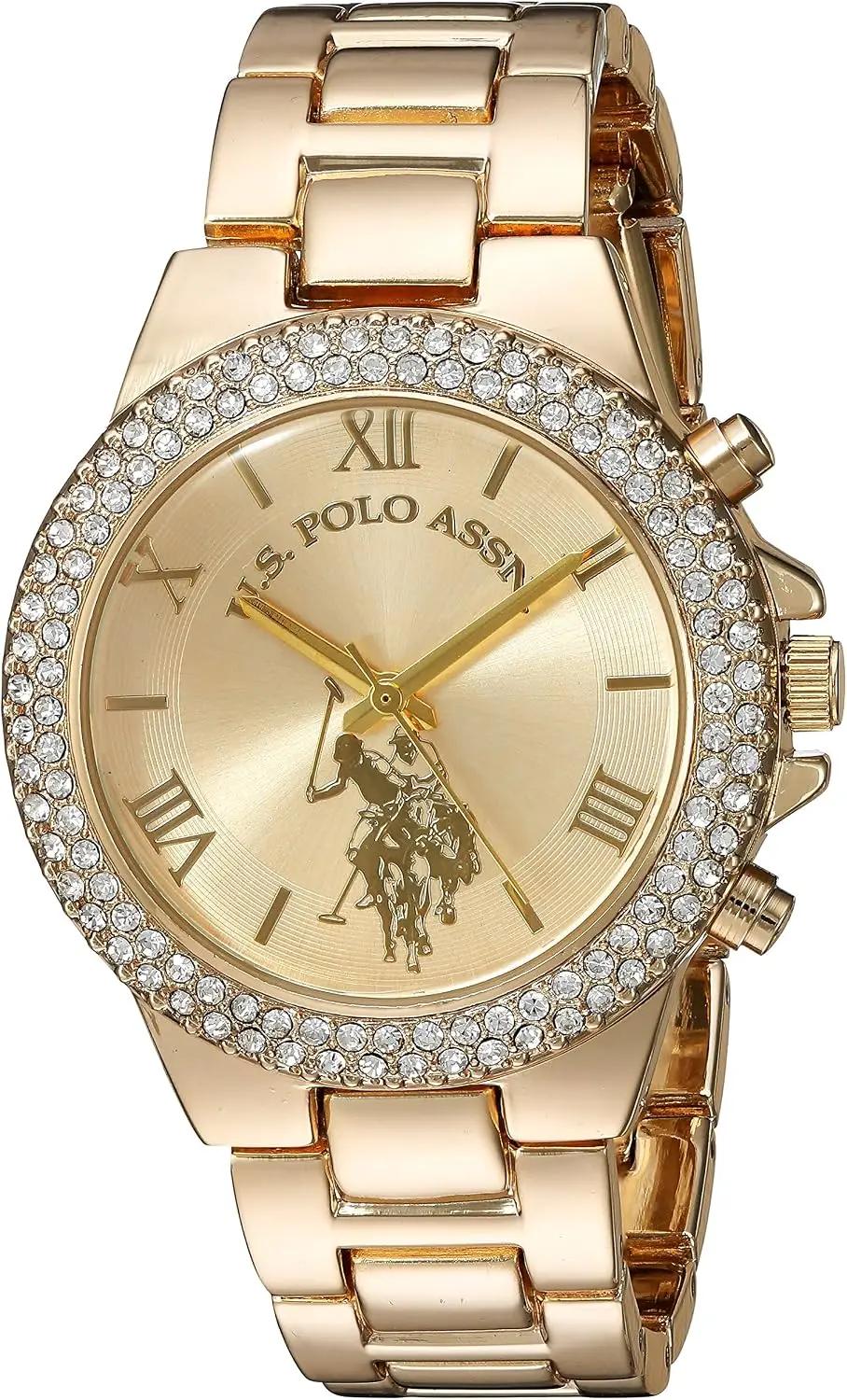 Accutime U.S. Polo Assn. Women's Analog Watch – Gold-Tone Dial with Crystal-Embellished Bezel and Stainless Steel Bracelet – Elegant, Durable, and Adjustable Fit for Wrists 5.5" to 8"