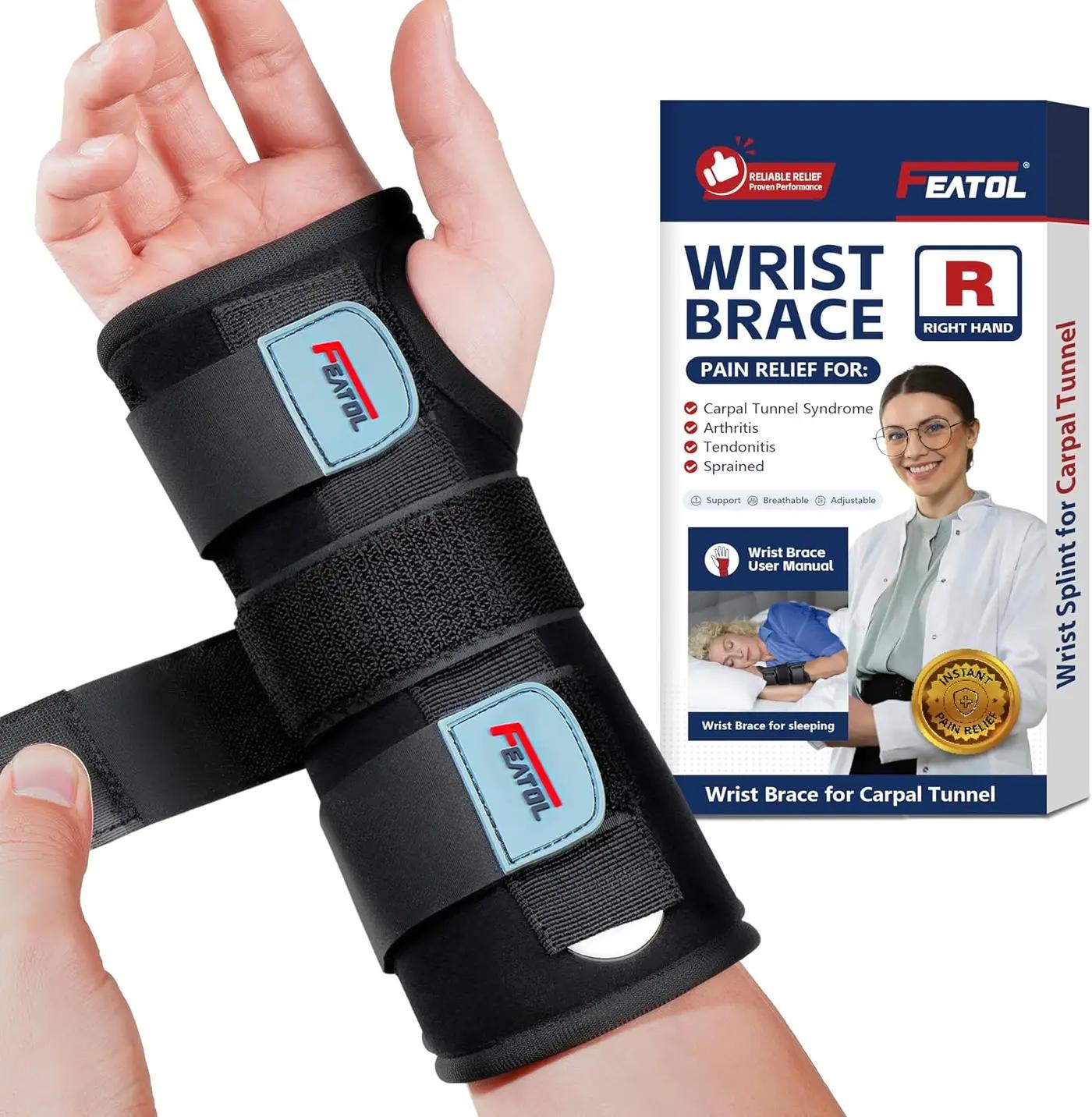 FEATOL Wrist Brace for Carpal Tunnel, Adjustable Night Wrist Support Brace with Splints Right Hand, Large/X-Large, Hand Support for Arthritis, Tendonitis, Sprain, Injuries OEKO-TEX STANDARD 100