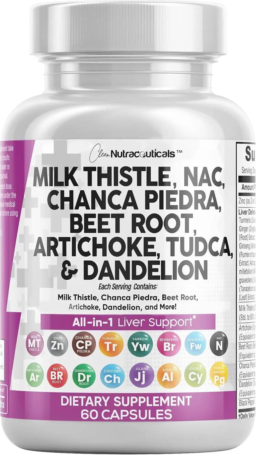 Clean Nutraceuticals Milk Thistle NAC Chanca Piedra Beet Root Artichoke Astragalus Dandelion Root - Liver Cleanse Detox &amp; Repair Supplement Plus TUDCA Choline &amp; Ginger - 1Pack