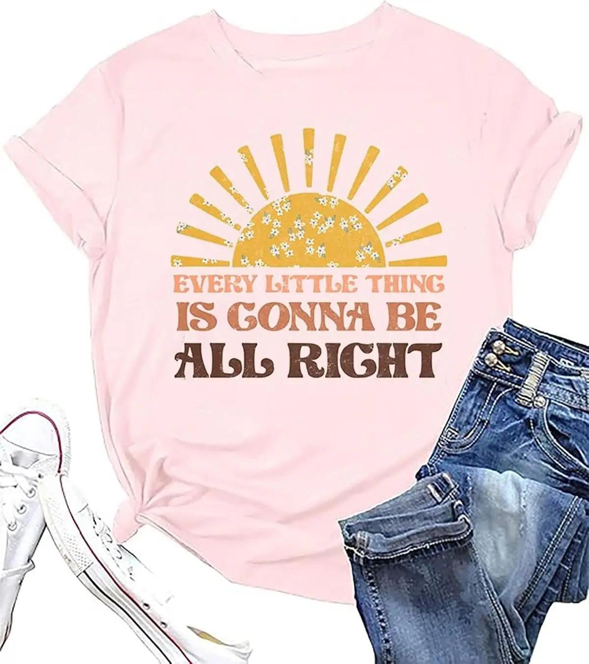 BINLANHANAT Every Little Thing is Gonna Be Alright Shirt Women Country Music Tshirt Hippie Gift Shirt Vintage Graphic Tees Top