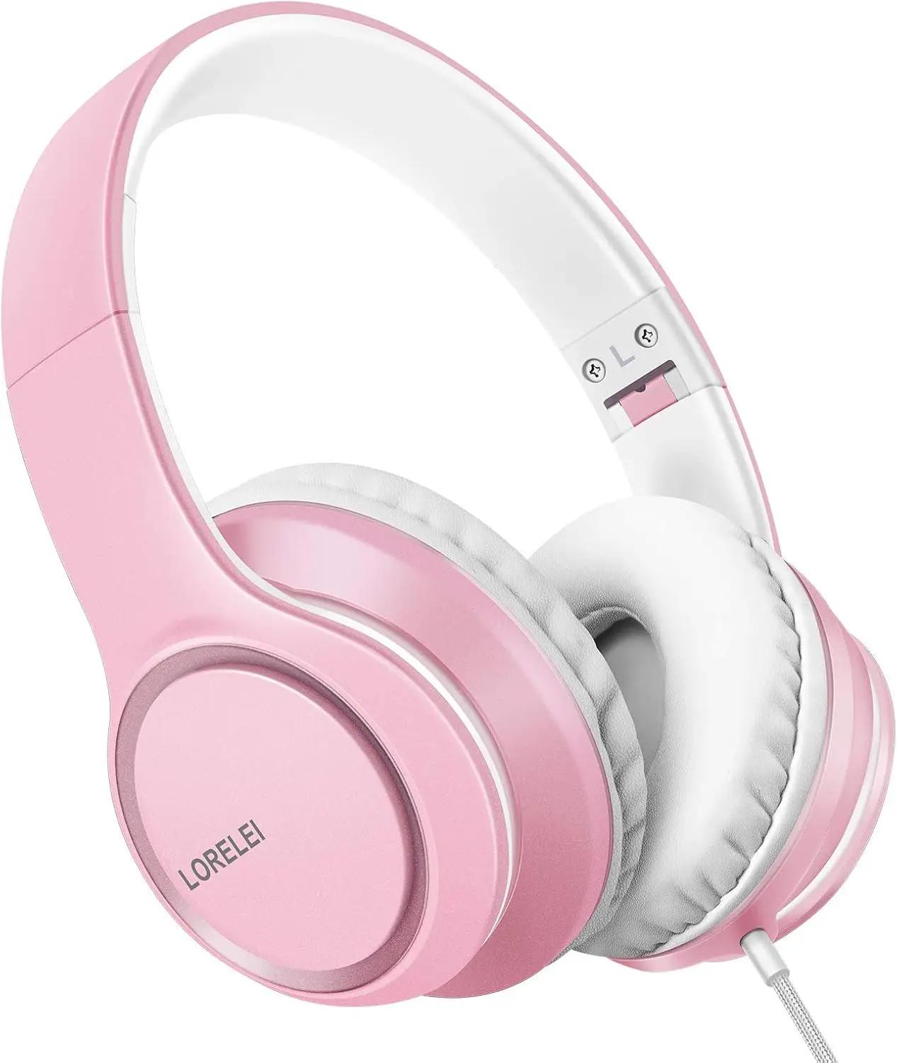 LORELEI X8 Over-Ear Wired Headphones with Microphone with 1.45m-Tangle-Free Nylon Line&amp;3.5mm Plug,Lightweight Foldable &amp; Portable Headphones for Smartphone,Tablet,Computer,Mp3/4（Pearl Pink）