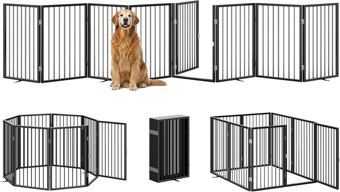 Vantas Folding No-Assembly Metal Pet Gate 160" Wide, 32" Extra Tall Dog Gate with Door Walk Through, Freestanding Accordion Puppy Gate Dog Door for Indoor &amp; Outdoor, with 4PCS Support - Black