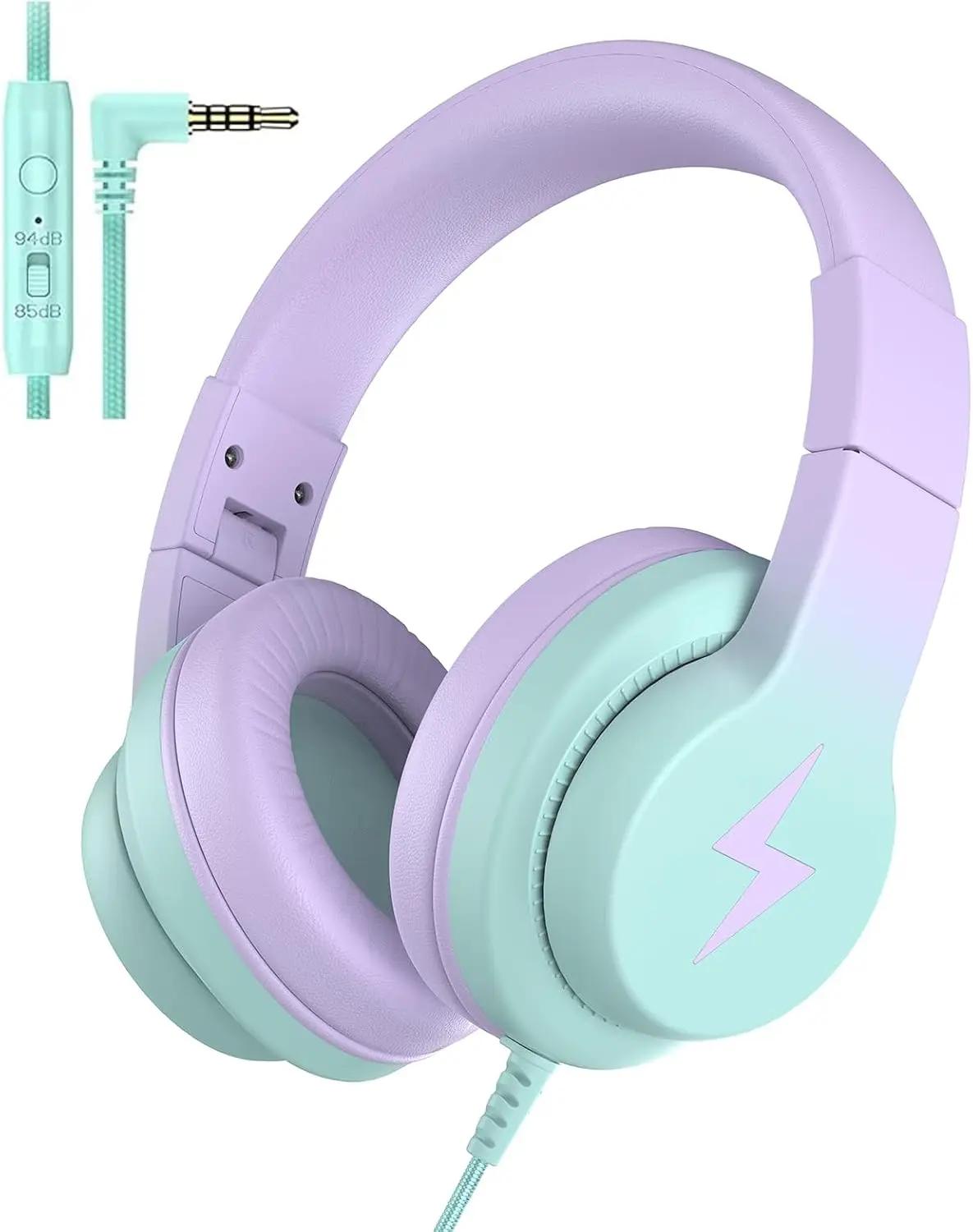 Candy Bila Kids Headphones, Wired Headphones for Kids Over Ear with Microphone, 85/94dB Volume Limiter Headphone for Girls Boys, Foldable Headphone for Learning &amp; Entertainment,Gradient Purple