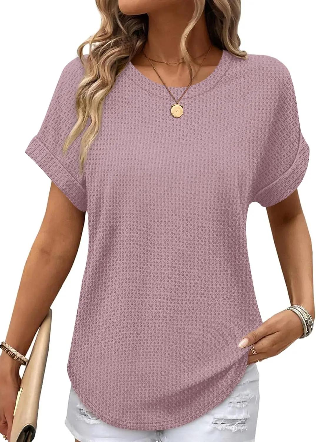 Sampeel Summer Tops for Women 2026 Trendy Rolled Short Sleeve Shirts Waffle Knit Crew Neck Tops Curved Hem Fashion Clothing