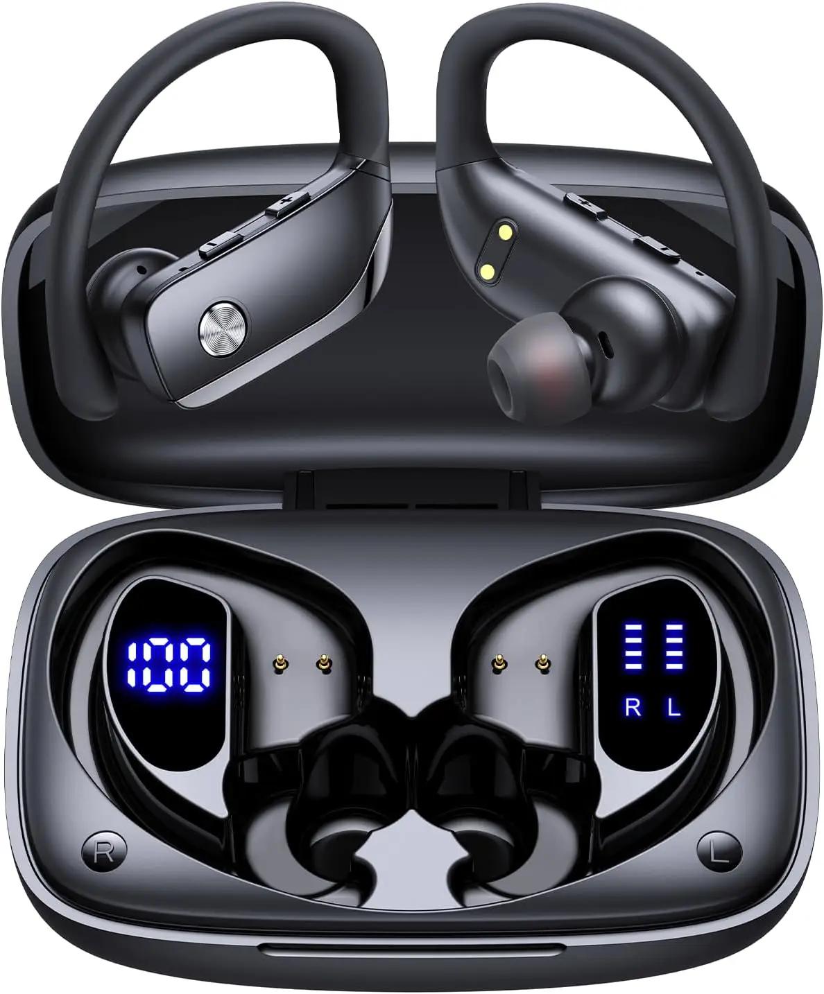 bmani Ear Buds Wireless Earbuds Bluetooth Headphones with 80H Playtime LED Display Case, Over-Ear Hook with Mic, Stereo Sound, Easy Button Controls, Sports Earphones for Running Workout Gym Black
