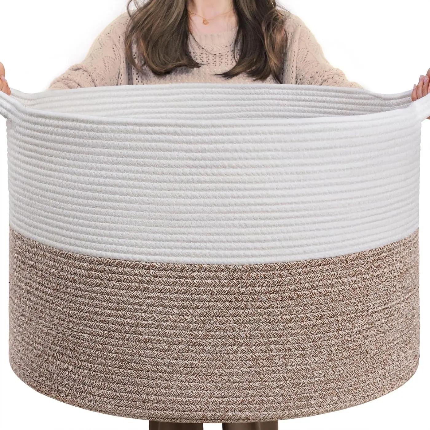 INDRESSME XXXLarge Blanket Basket for Living Room 21.7" x 21.7" x 13.8"-Storage Basket with Handle for Organizing Toy Pillows Woven Cotton Rope Laundry Basket Stuffed Animal Toy Storage for Play Room Global Recycled Standard