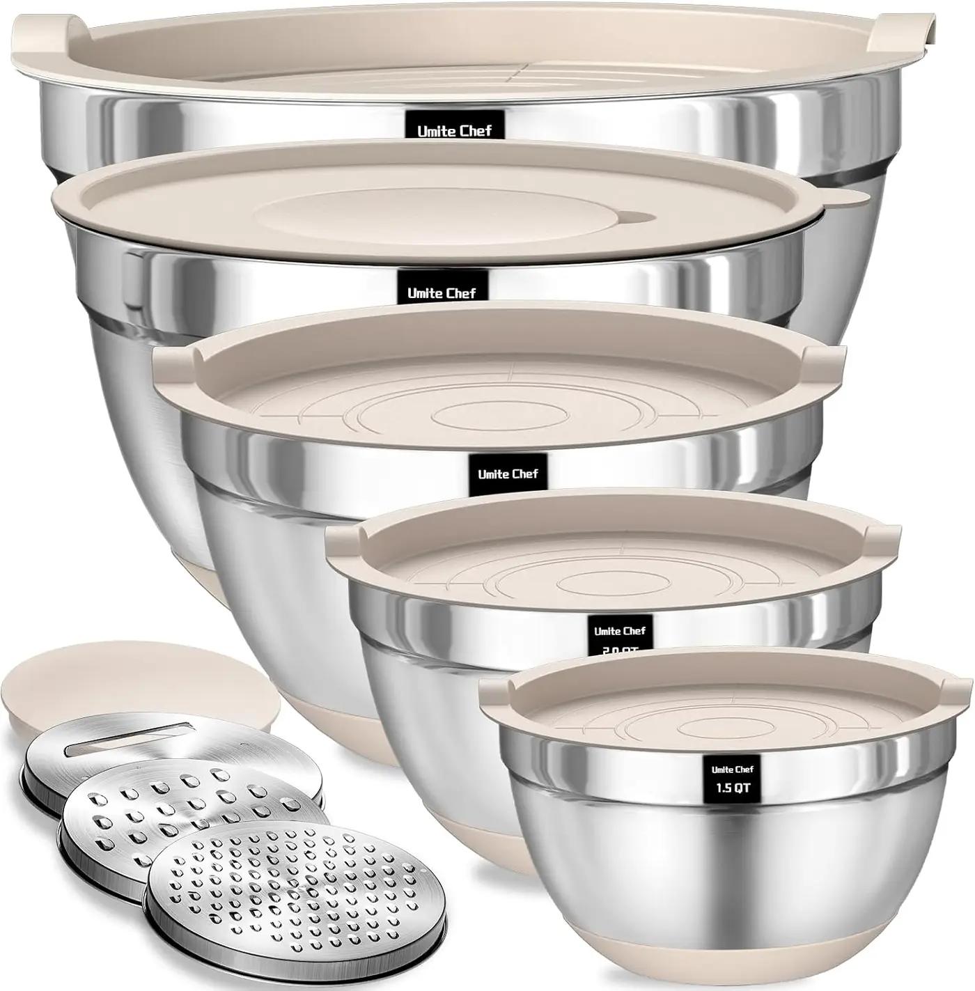 Umite Chef Mixing Bowls with Airtight Lids Set, 8PCS Stainless Steel Khaki Nesting Bowls with Grater Attachments, Kitchen Bowls with Non-Slip Bottoms, Size 5, 4, 3.5, 2, 1.5QT for Mixing &amp; Serving