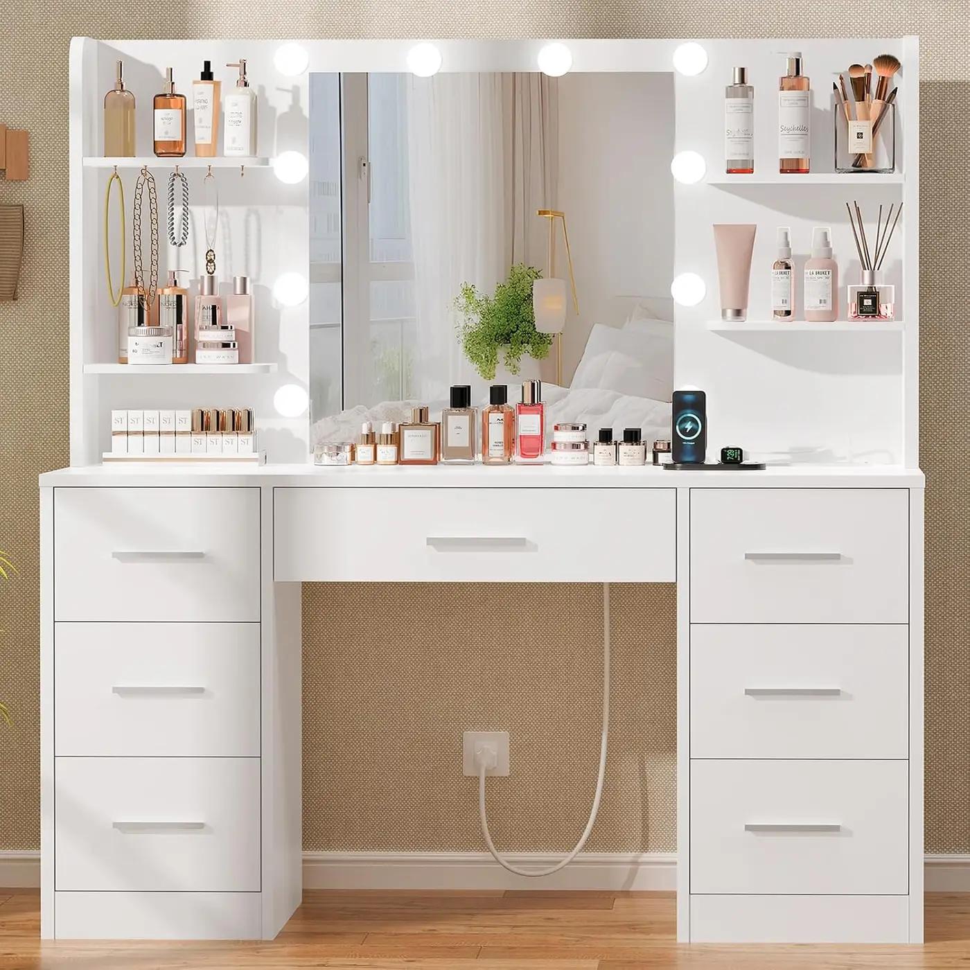 Quimoo Large Vanity Desk with LED Lighted Mirror &amp; Power Outlet,Makeup Vanity Table with 7 Drawers,4 Shelves and 5 Hooks,Vanity Table, Vanity Desk Set for Bedroom,Bathroom,White