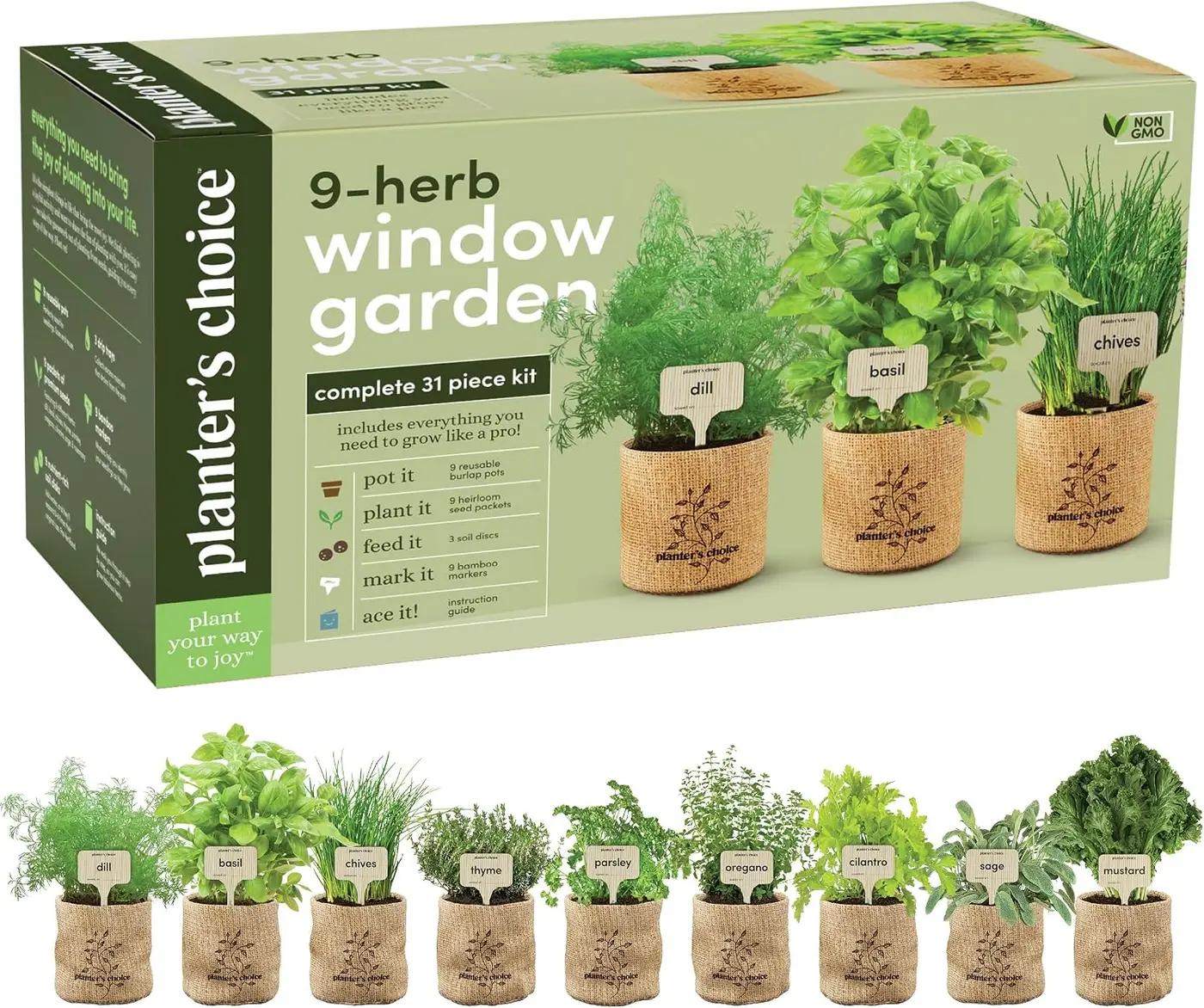 Planters' Choice 9 Herb Indoor Window Garden Kit - Mothers Day Gifts - House Plants Seeds - Best Unique Gift Ideas for Women, Mom, Friend, Her, Birthday, Housewarming, Mother - Live Plant Starter