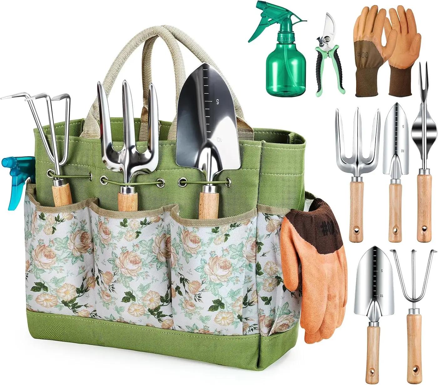 Grenebo Grenebo Gardening Tools 9-Piece Heavy Duty Garden Hand Tools with Fashion and Durable Garden Tools Organizer Handbag, Rust-Proof Garden Tool Set, Ideal Gardening Gifts for Women ClimeCo Certified