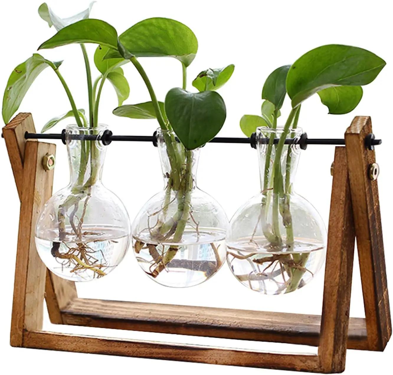 XXXFLOWER XXXFLOWER Plant Terrarium with Wooden Stand, Air Planter Bulb Glass Vase Metal Swivel Holder Retro Tabletop for Hydroponics Home Garden Office Decoration - 3 Bulb Vase