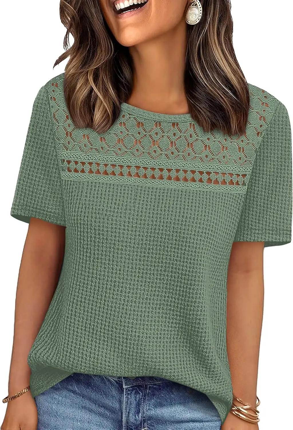 OFEEFAN Womens Tops Dressy Casual Short Sleeve Shirts Boho Crochet Lace Waffle Knit Plus Size Fashion Clothing OEKO-TEX STANDARD 100