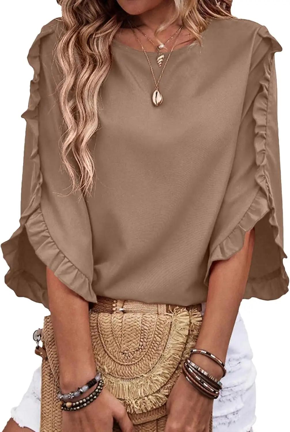 EVALESS 3/4 Length Sleeve Womens Tops Dressy Casual Blouses Crewneck Ruffle Sleeve Shirts Summer Outfits Business Work Tops