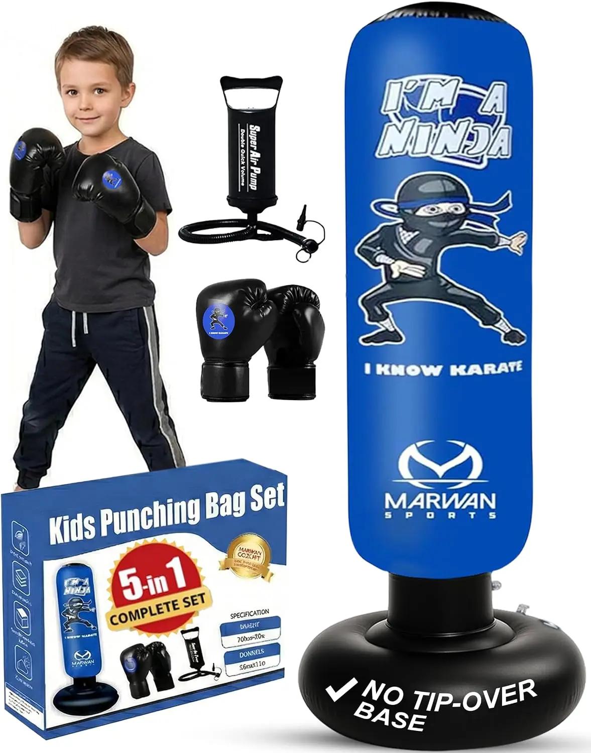 Marwan Sports 5-in-1 Kids Punching Bag Set with Gloves, Pump &amp; Funnel – 63” Inflatable Boxing Bag for Kids 4-12, Durable PVC, Fast Rebound, Waterproof Base Cover with Handles, Gift for Boys &amp; Girls