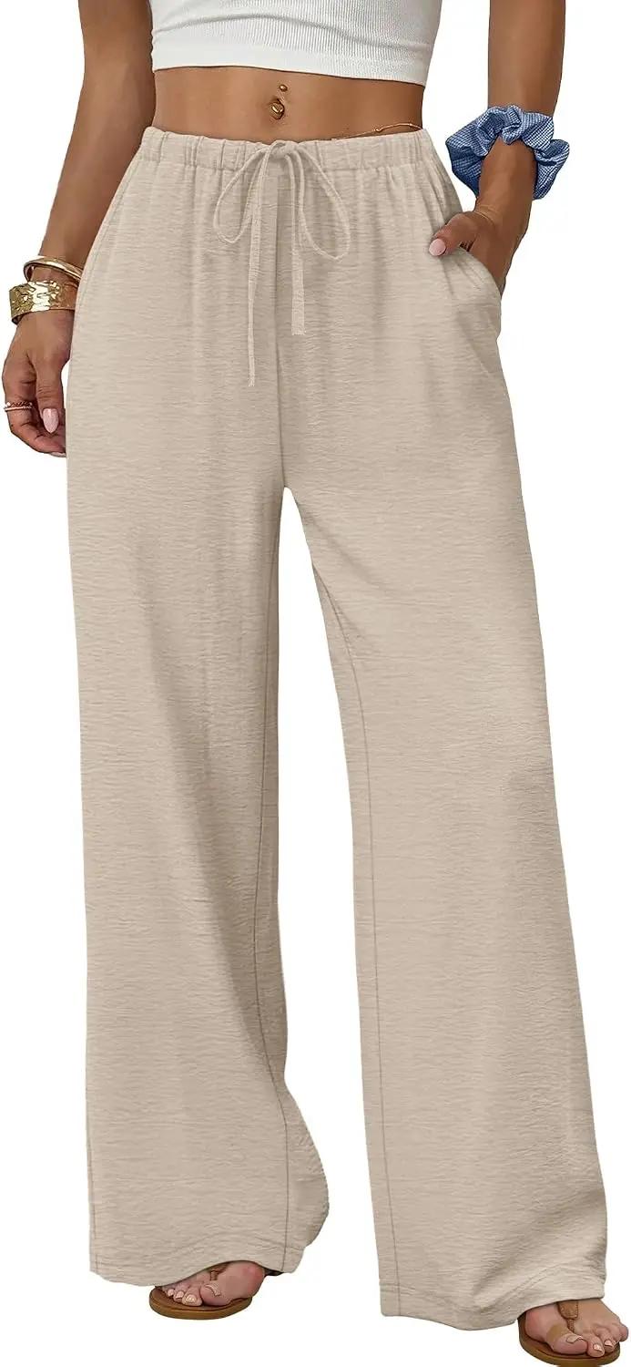 Sampeel Wide Leg Pants for Women Flowy Palazzo Drawstring Elastic Waist Trousers with Pockets Summer Beach Vacation Clothes OEKO-TEX STANDARD 100