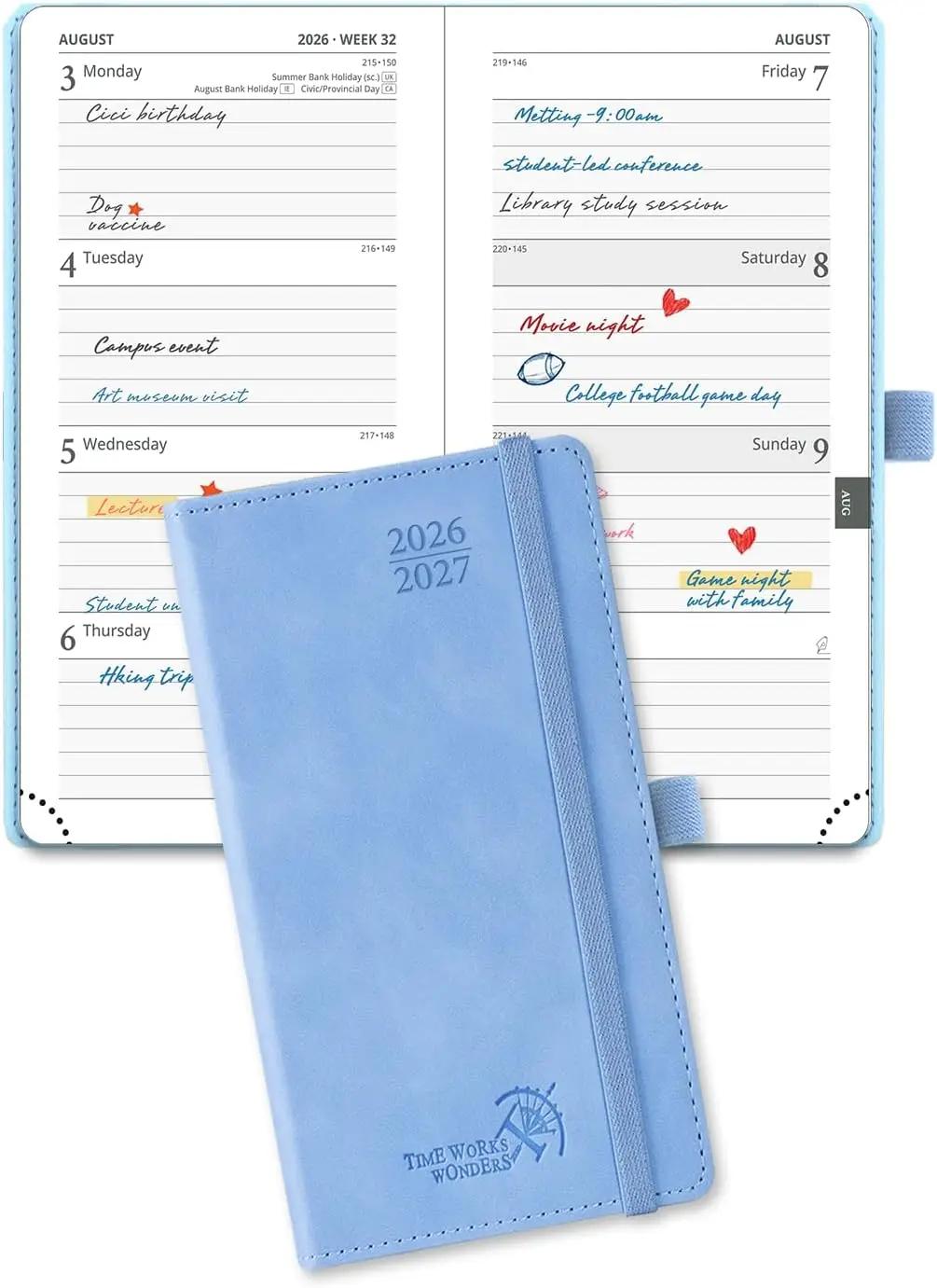 POPRUN 2026-2027 Pocket Weekly Planner for Purse, 3.5" x 6.5" Slim Size, Small Calendar from August 2026 to December 2027, Hardcover Appointment Book with Horizontal Layout, Monthly Calendar, 70 GSM Paper - Cerulean Blue