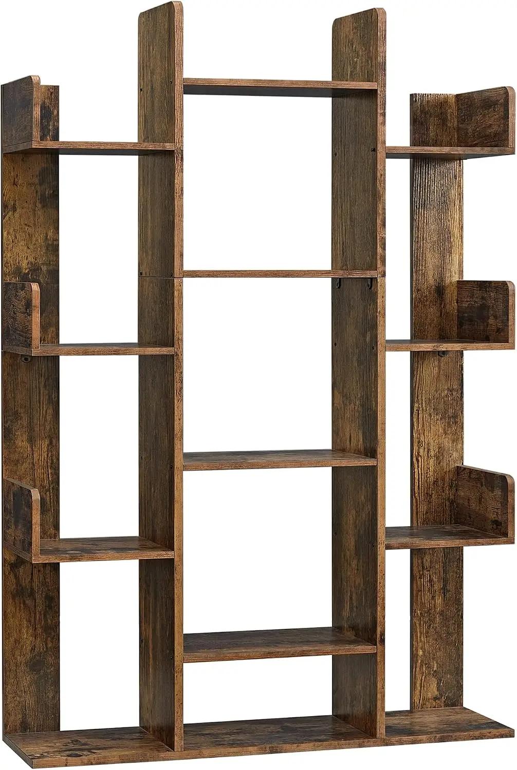 VASAGLE Bookshelf, Tree-Shaped Bookcase with 13 Storage Shelves, Rounded Corners, 9.8”D x 33.9”W x 55.1”H, Rustic Brown ULBC67BXV1