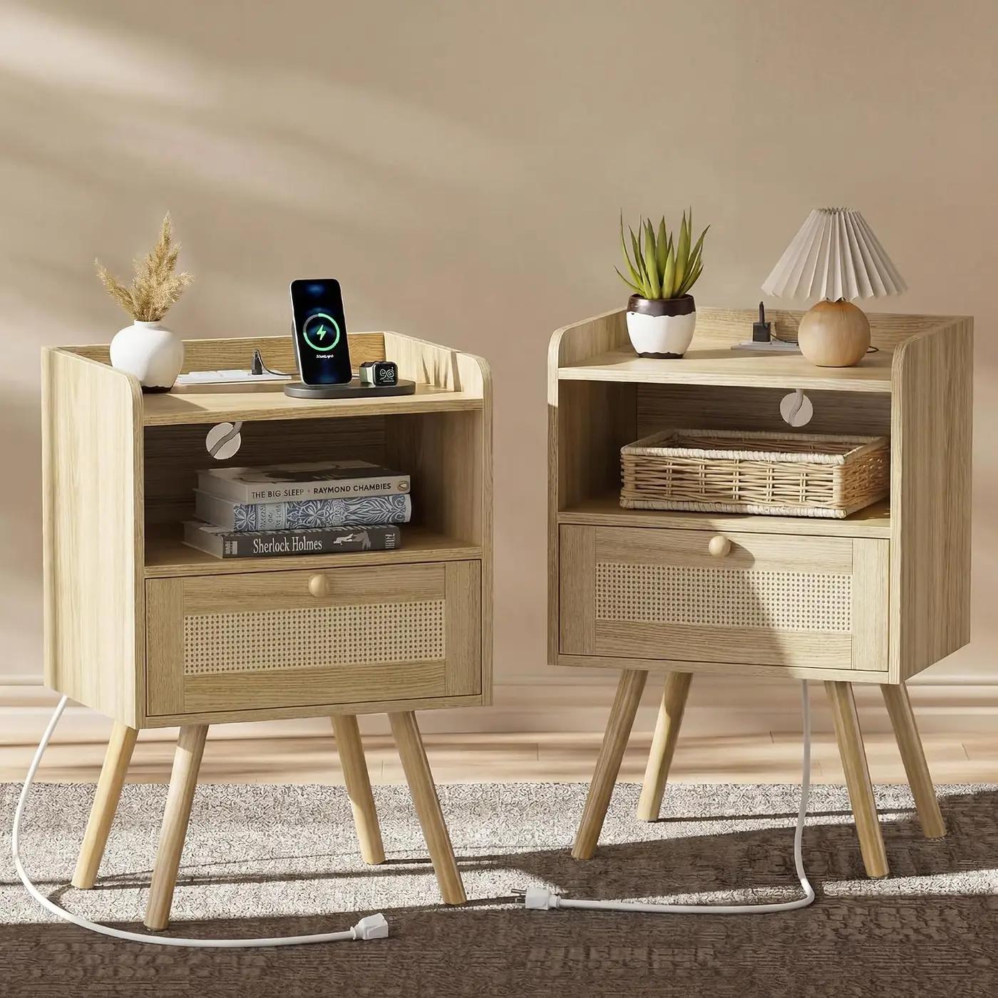 SUPERJARE Nightstands Set of 2, Night Stands with Charging Station &amp; PE Rattan Decor Drawer, Bed Side Tables with Solid Wood Feet, End Table, for Bedroom, Living Room - Natural