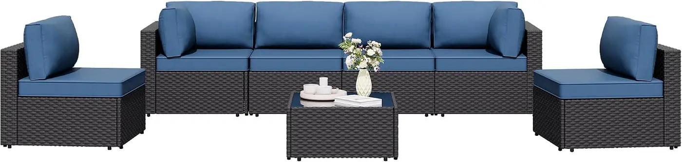 7 Pieces Outdoor Patio Sectional Sofa Couch, Wicker Furniture Patio Conversation Sets with Washable Cushions &amp; Coffee Table for Garden, Poolside, Backyard