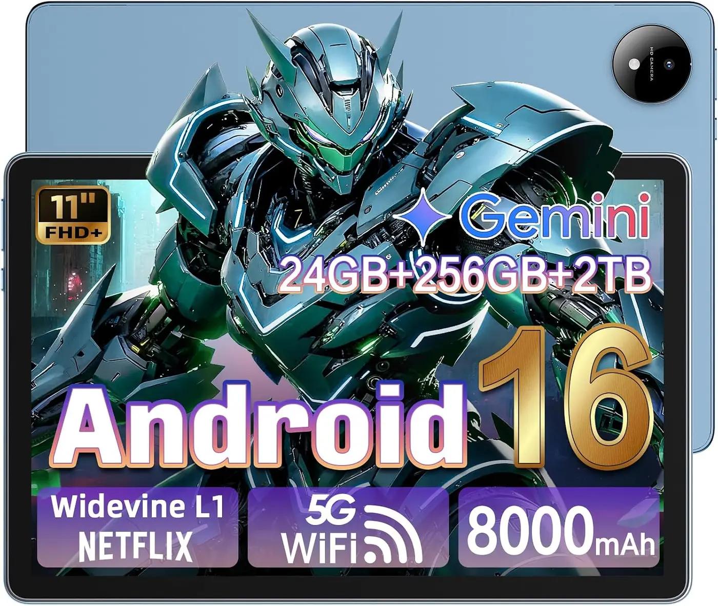 Android 16 Tablet with Gemini AI 90HZ Refresh Rate, 11 Inch 1920x1200 Pixels FHD, 24GB RAM 256GB ROM 2TB TF, T7250 Octa-Core Gaming Tablets, 13MP+8MP, 8000mAh Battery, Widevine L1, 5G Wifi, GPS (Blue)