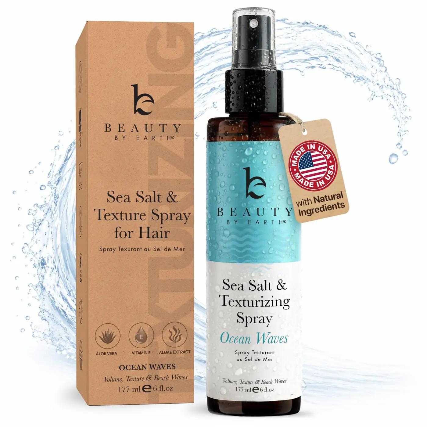 Beauty by Earth Sea Salt Spray - Aloe-Enhanced Beach Waves without Dryness, Texture &amp; Volume Spray for All Hair Types, USA Made with Organic Ingredients, Ocean Waves Scent 6oz
