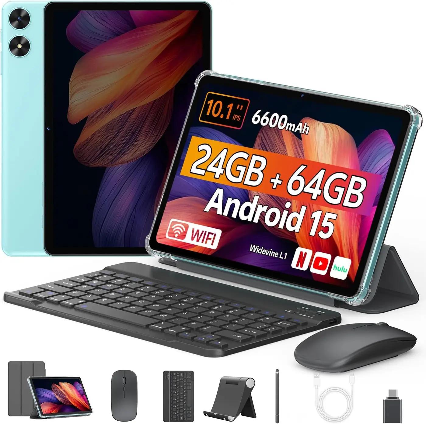 Android Tablet with Keyboard, 24GB+64GB, 1TB Expand, 10 Inch Android 15 Tablet with 1.8Ghz CPU, 2MP + 8MP Camera, 10H Battery, 5G WiFi, BT5.3, Widevine L1, Split Screen, Case, Mouse, Stylus