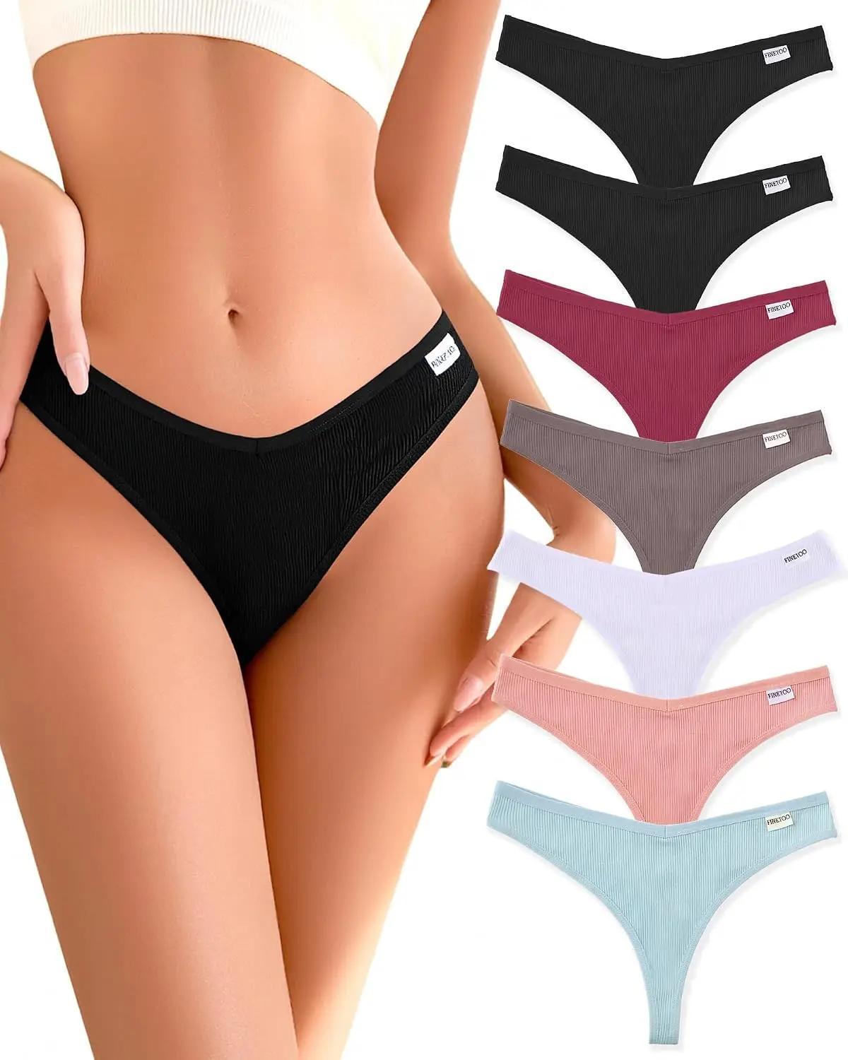 FINETOO 7 Pack Womens Thongs Underwear Cotton Breathable Low Rise Hipster Panties Sexy S-XL