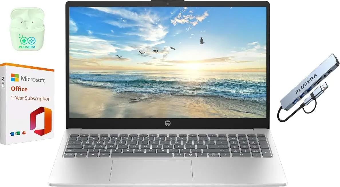 HP 15.6" Business Laptop with Microsoft Office 365 with Copliot AI, Quad-Cores Intel Processor, Windows 11, PLUSERA Earphones &amp; 8-in-1 Hub, Natural Silver (Natural Silver, 16GB RAM)