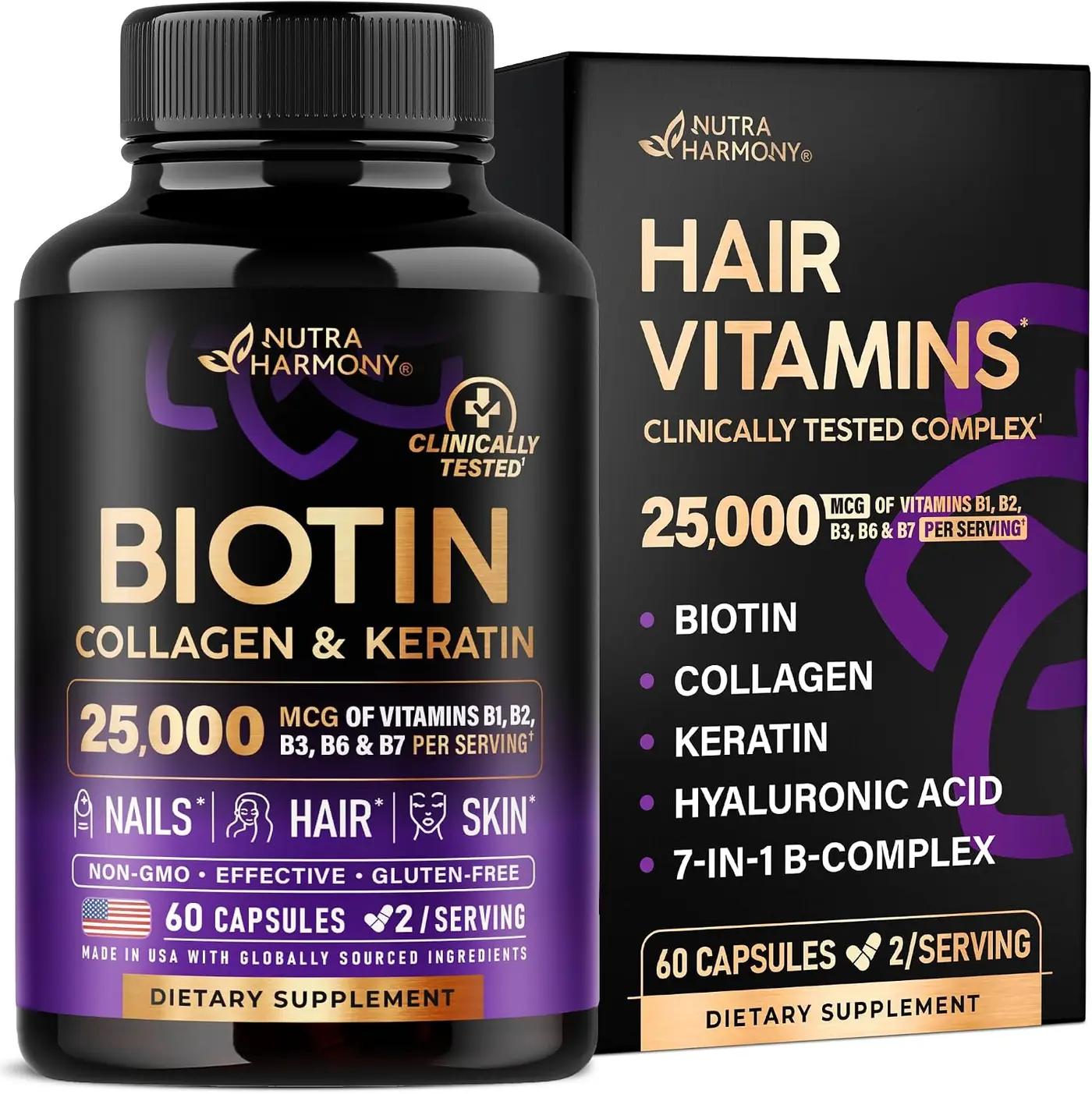 Biotin | Collagen | Hyaluronic Acid | Keratin - Support Normal Hair Growth Cycle, Skin &amp; Nails - Clinically Tested - 25000mcg Vitamins B1, B2, B3, B6 &amp; B7 - for Women &amp; Men - Made in USA | 60 Capsules ClimatePartner certified