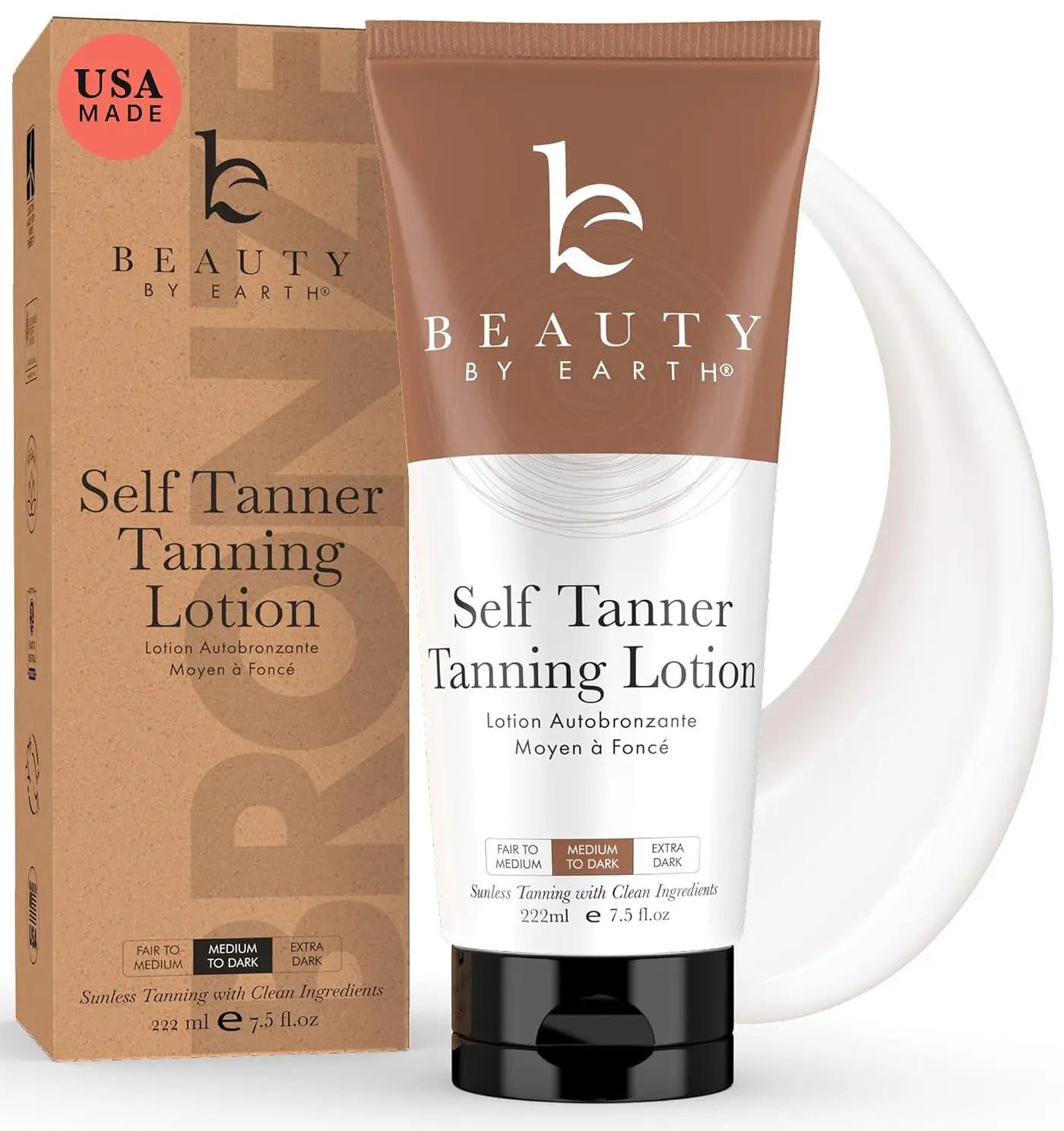 Beauty by Earth Self Tanner - USA Made with Natural &amp; Organic Ingredients, Moisturizing Self Tanning Lotion with Aloe Vera &amp; Coconut for a Natural Glow, Streak-Free Fake Tan, Medium to Dark