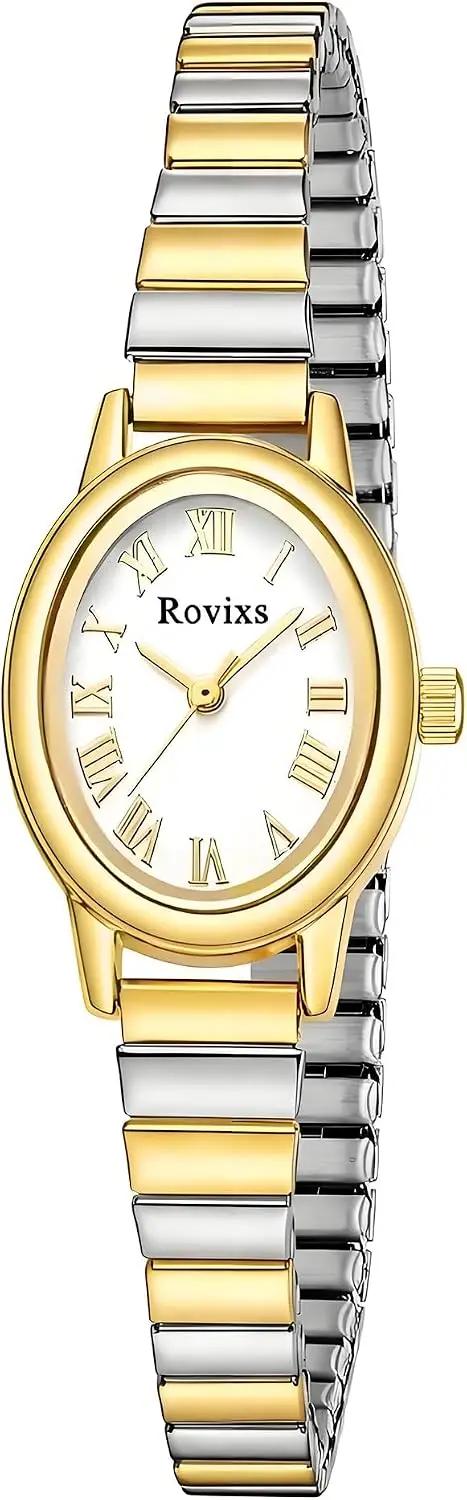 Rovixs Small Gold Watches for Women - Vintage Oval Analog Quartz Watch with Stainless Steel Expansion Band, Dainty Easy Read Roman Numeral Dial, Waterproof Dress Wristwatch for Ladies Mom Gift