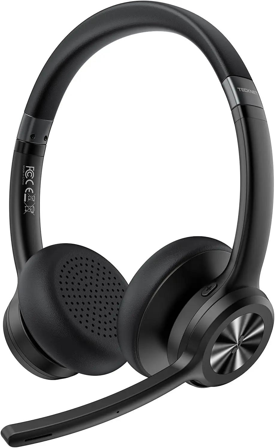 TECKNET Wireless Headset, Bluetooth Headset with Noise Cancelling Microphone - Rechargeable Bluetooth V5.2 Headphones, 50H Playtime &amp; Mic Mute, On Ear Headphones for Trucker/Remote Work/Call Center Global Recycled Standard