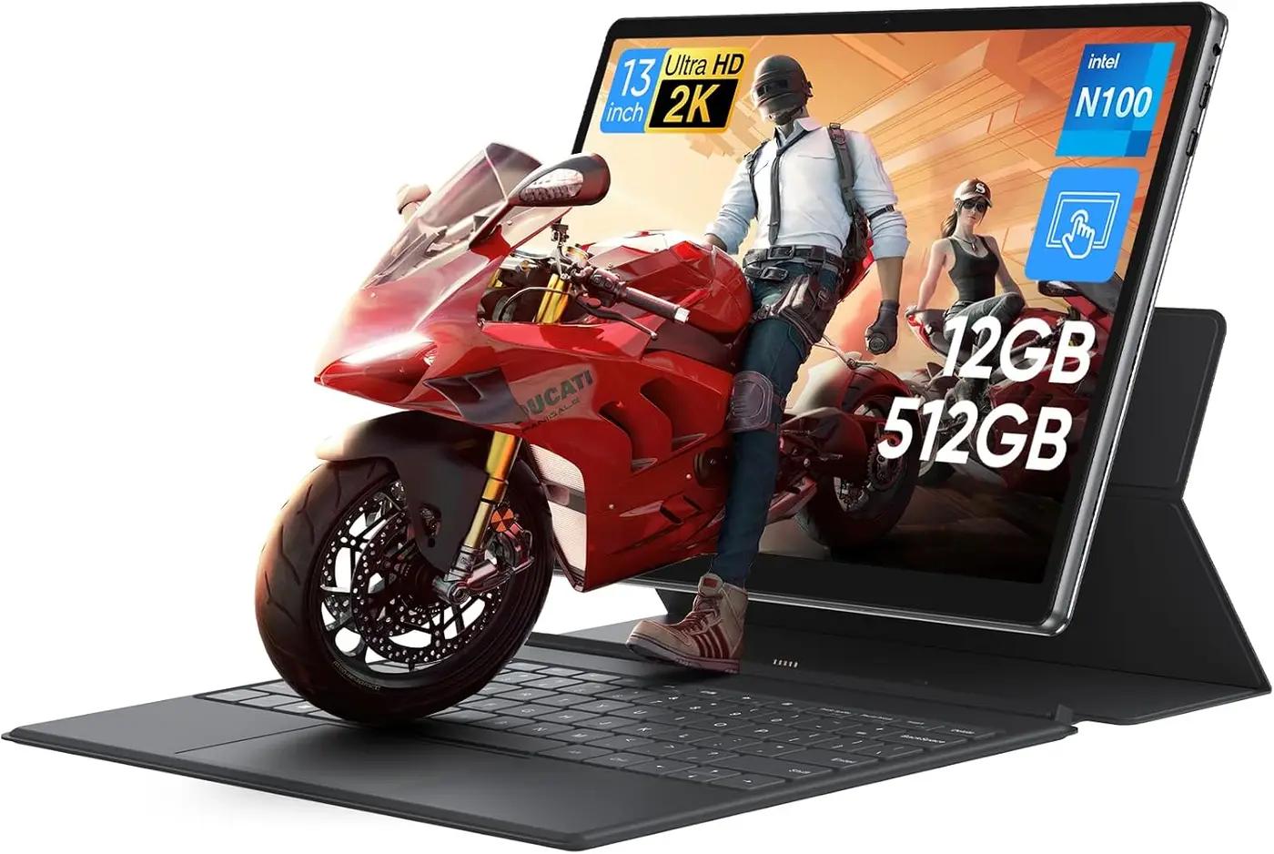 2-in-1 Laptop/Tablet Computer with Keyboard, 13" 2K (2160x1440) IPS Touchscreen, 12GB RAM 512GB NVMe SSD, N100 Quad-Core Processor, 2.4/5G WiFi/BT5.0, Full-Featured USB-C