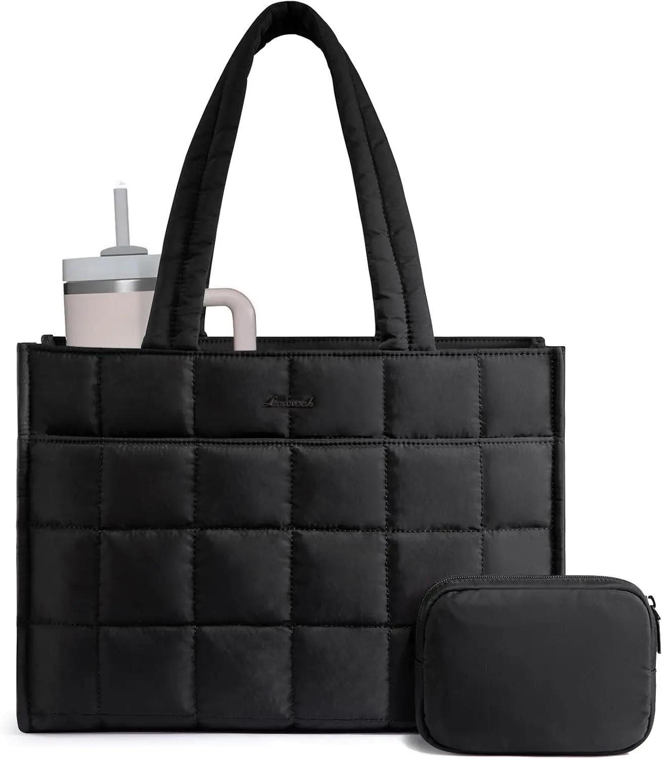 LOVEVOOK LOVEVOOK Tote Bag for Women, Puffer Work Handbag 15.6 Inch Laptop Purse for Nurse Teacher, Large Quilted Travel Tote Shoulder Bag with Zipper for College Office Clinical Gym, Black