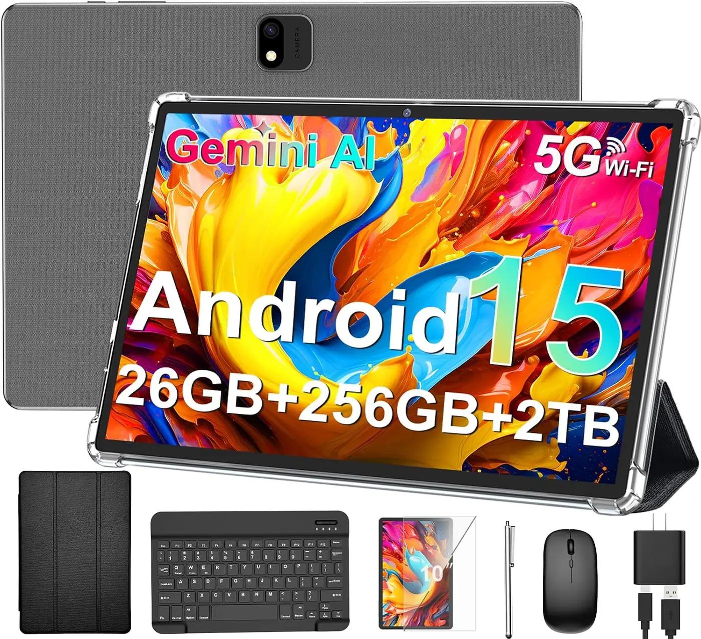 Android Tablet with Keyboard, 2026 Android 15 Tablet 10 inch, 26GB+256GB+2TB Expand, Electronic Tablet PC with Gemini, 8-Core, 8000mAh, 5G WiFi, GMS, 2 in 1 Tablet with Case/Mouse/Stylus(Green Case)