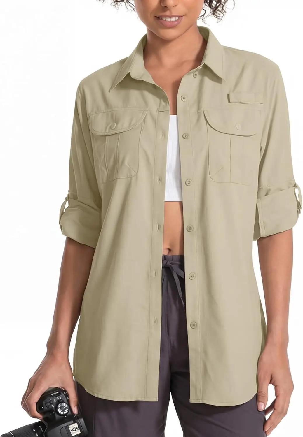Womens UPF 50 Long Sleeve Sun Shirt Safari Hiking Fishing Quick DIY UV Protection Button Up Travel Shirt for Gardening