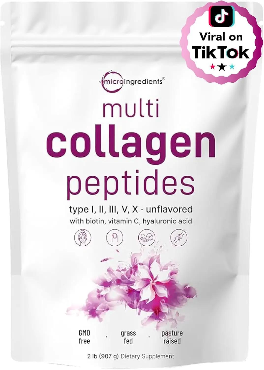 Micro Ingredients Multi Collagen Peptides Powder, 2lb – Hydrolyzed Type I,II,III,V,X with Biotin, Hyaluronic Acid, Vitamin C – Unflavored Collagen for Women &amp; Men, Easy Dissolve, 82 Servings